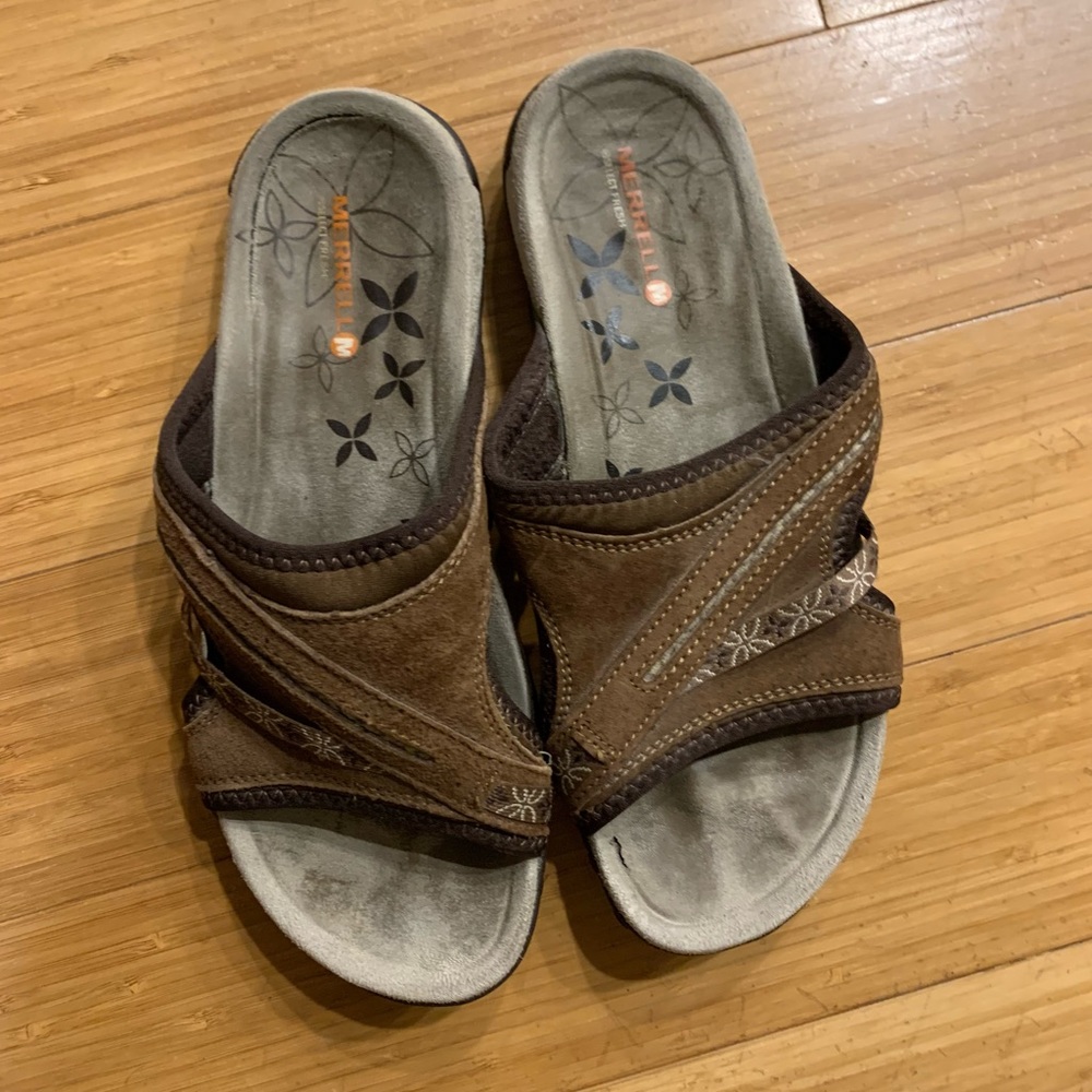 MERRELL J21756 Terran Dark Earth Slide Sandals Womens Size 7, EU 38